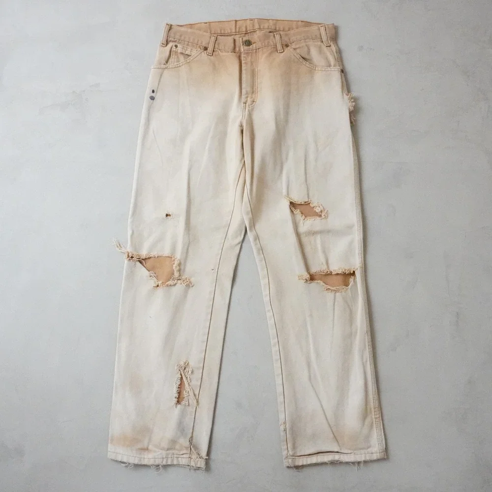 Vintage Dickies Carpenter Pants 32x32 Mens Tan Thrashed Distressed Sun Faded